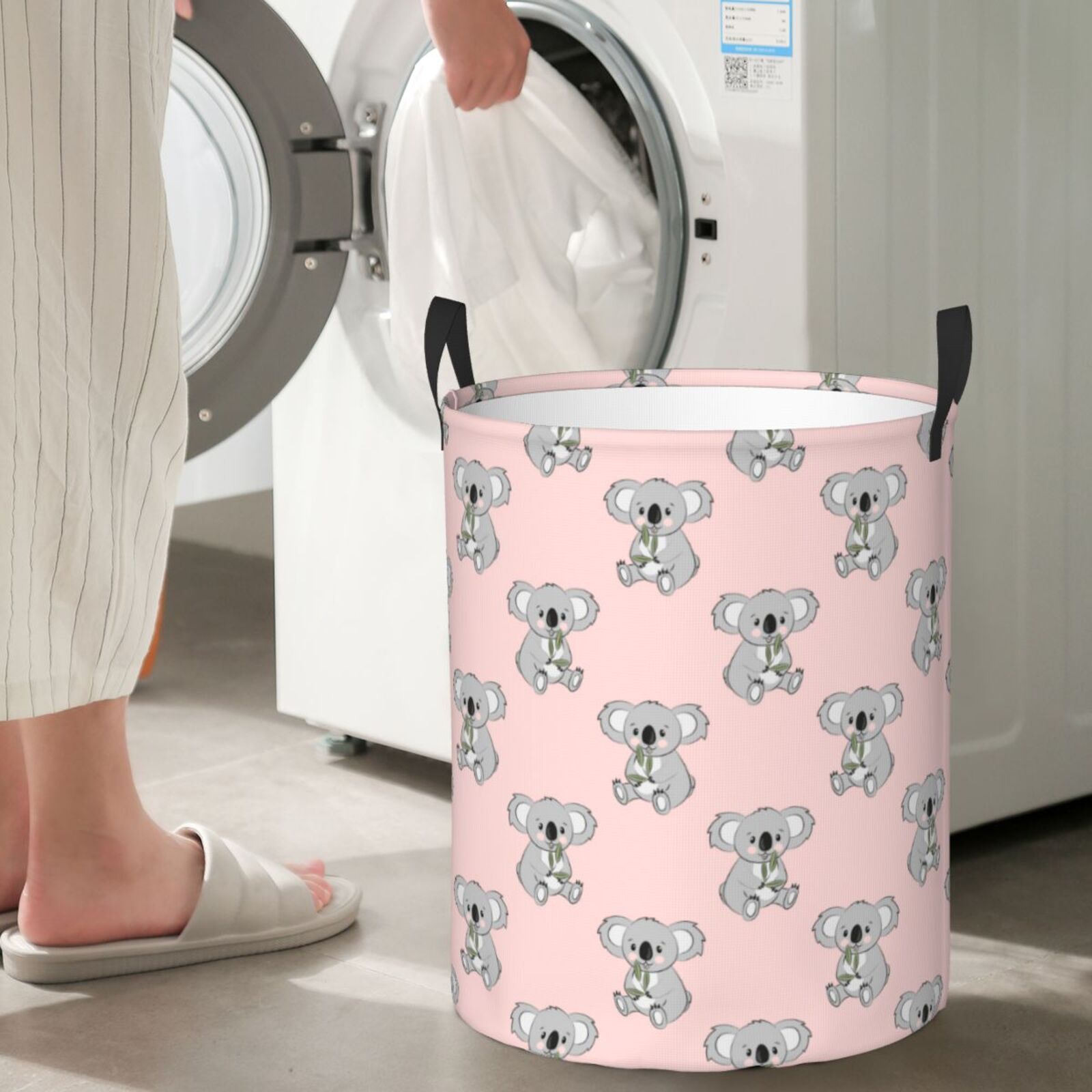 Large Laundry Basket with Handles - Gray Pink Koala Print Kids Baby Dirty Clothes Laundry Hamper for Bedroom Aesthetic
