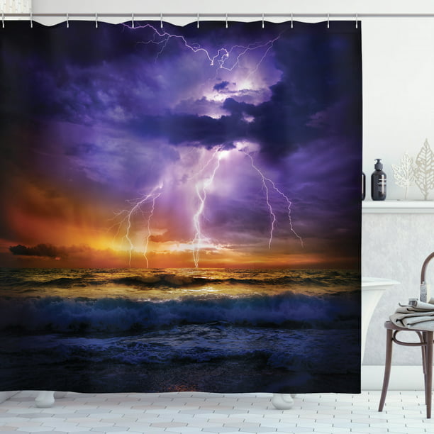 Lake House Decor Shower Curtain Set, Epic Lightning And Storm On The ...