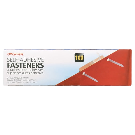 Officemate Self-Adhesive Prong Paper Fasteners, 2" Capacity, Fits Standard 2-Hole Punched Paper, 100/Box