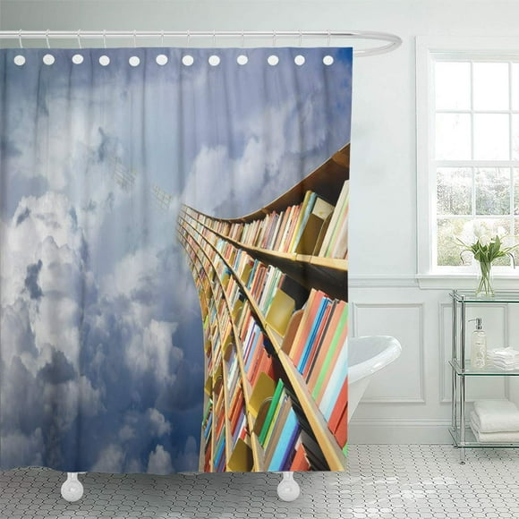 YUSDECOR Library Round Flying Bookshelf Against Blue Sky Reference Shelf Education Bathroom Decor Bath Shower Curtain 60x72 inch