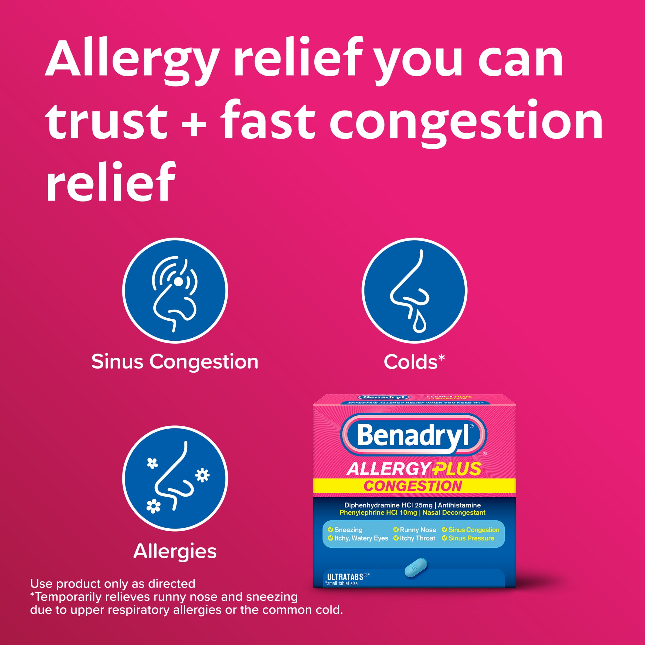 Benadryl Allergy Plus Congestion Ultratabs Allergy Medicine, 24 Count