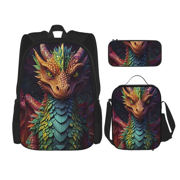 Disketp Whimsical Dragon Color Cool Mochila Estampada de Gran Capacidad con Lonchera y Estuche, Set de 3 Piezas para Estudiantes