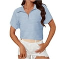 thumbnail image 1 of Penkiiy T-Shirt à Manches Courtes Col en V Texturé à Fermeture Éclair pour Femmes Été Col Rond Basique Décontracté Uni Bleu, 1 of 6