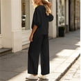 thumbnail image 6 of Women's Dressy Linen 2 Piece Outfits Cute Collared Button Down Shirt Wide Leg Pants Summer Business Casual Sets, 6 of 7