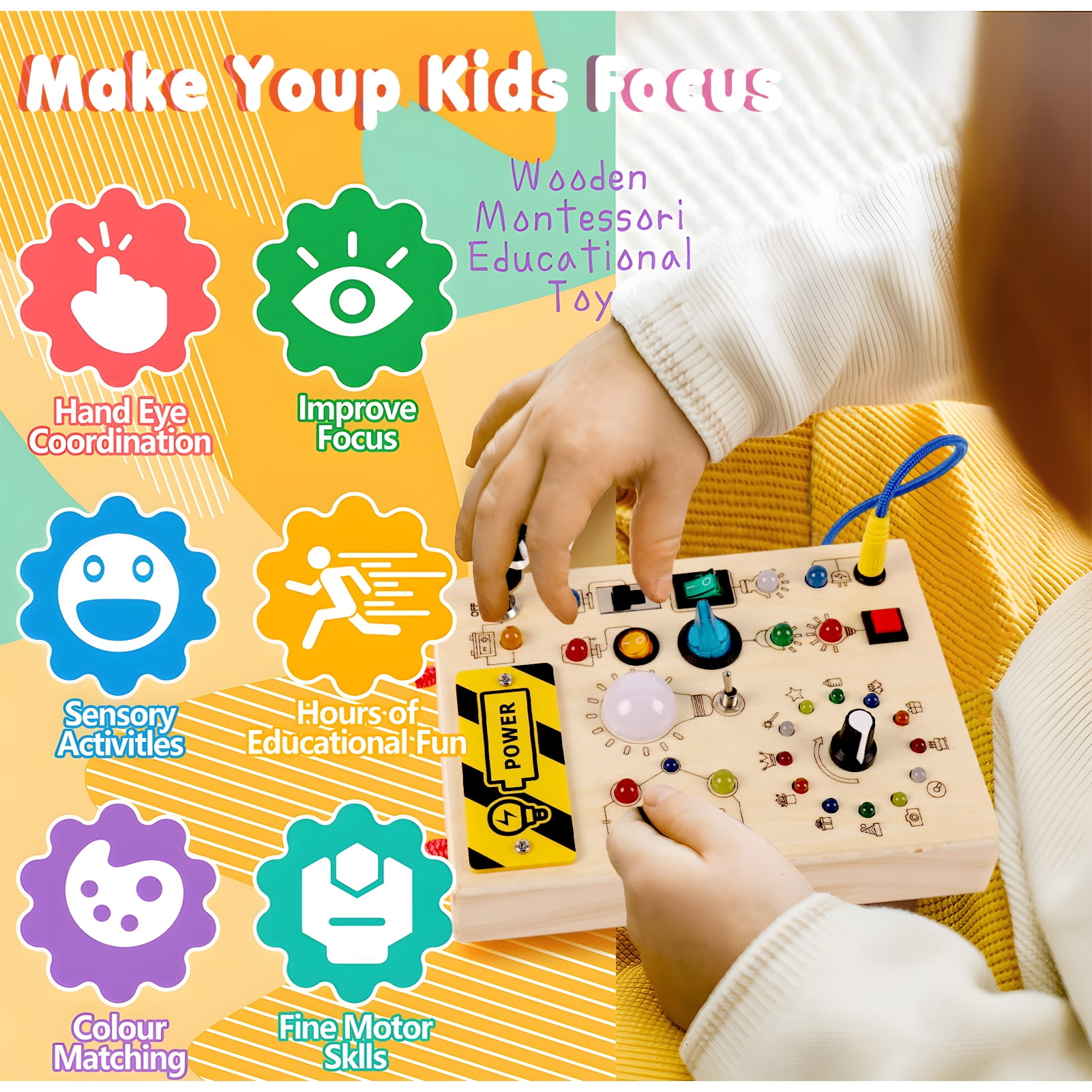 KiddiTouch Montessori  Busy Board,Toddler Wooden Sensory Board Educational Toy with 23 LED Lights,Toddlers Travel Toy Gifts for 1-3 Boys and Girls