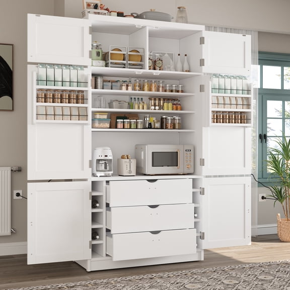 80" Tall Kitchen Pantry Cabinet, Large Kitchen Hutch Cabinet with Charging Station, Wood Freestanding Cupboard with 3 Drawers and 10 Wine Racks, White