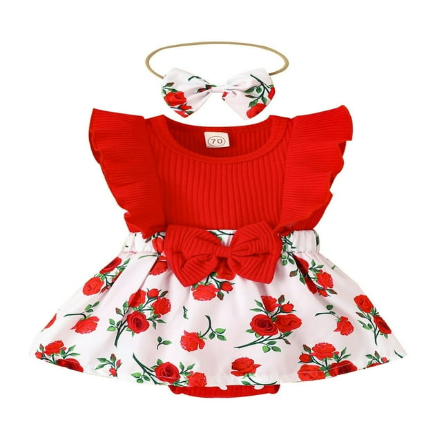 Bébé Filles Robe Romper Mouche Manches Floral Romper + Bandeau Noeud