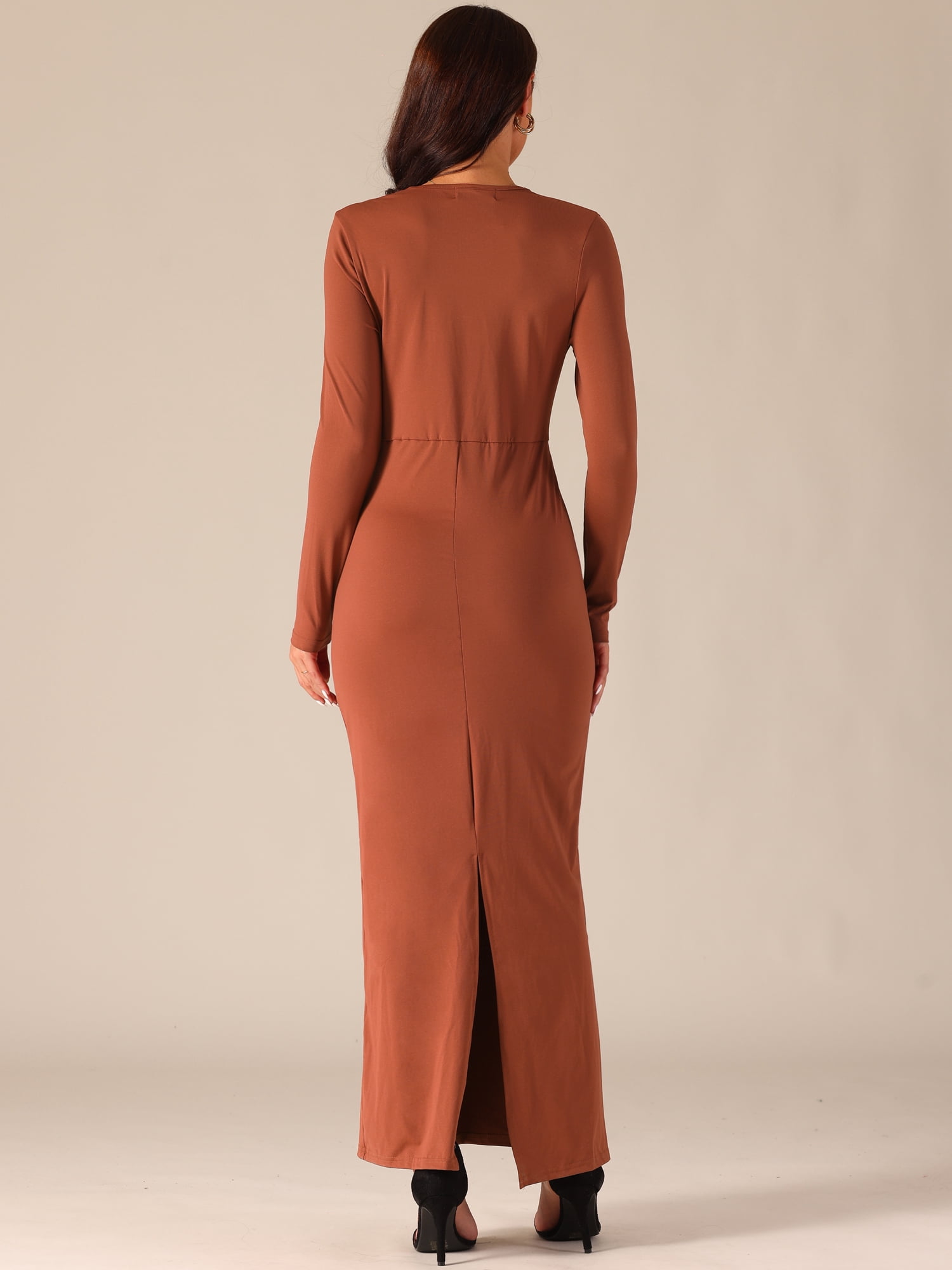 DARING DIVA Long Sleeve V Neck Wrap Split Hem Bodycon Cocktail Dress M Brick Red