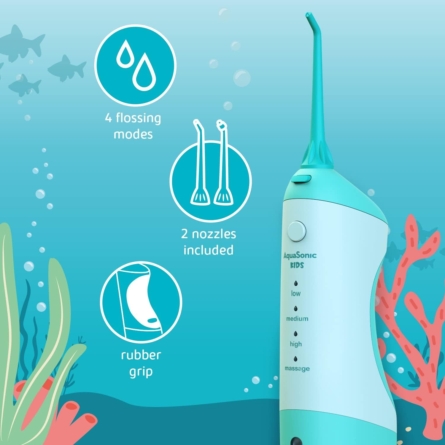 AquaSonic Kids Water Flosser - Aquarium Adventures Theme with Waterproof Stickers (Blue)