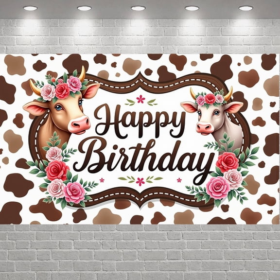 Cow Theme Banner Floral Decor Cow Birthday Display Brown Spots Flower Crown Floral Birthday Backdrop for birthday party kids party family gathering