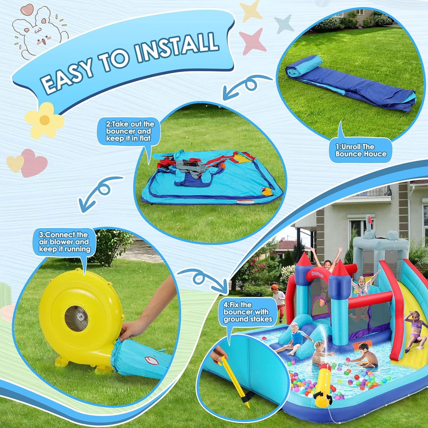 Veeboto Inflatable Bounce House for Toddlers with Blower, Inflatable Water Slide with Bouncing Slides, Climbing Wall, Bouncing Area, Basketball Hoop, Water Gun, Inflatable Castle with Football Area
