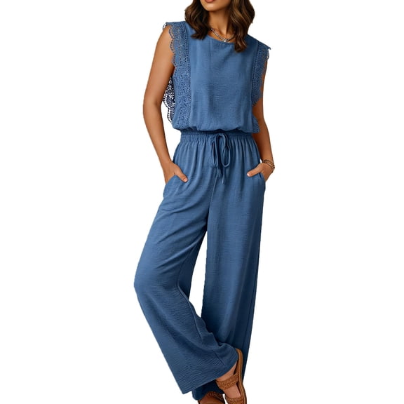 Guluxicc Womens Jumpsuits Crewneck Lace Cap Sleeve Drawstring High Waist Wide Leg Casual Rompers with Pockets