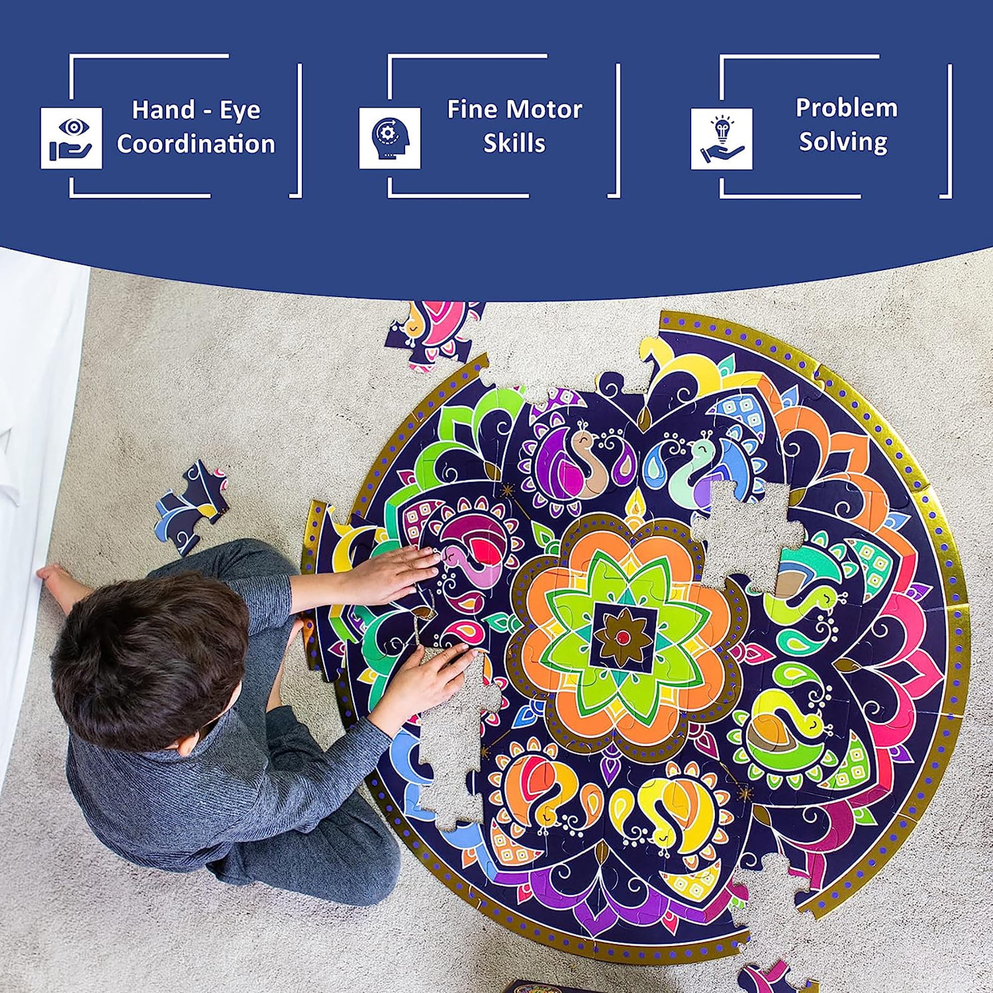 Rangoli Mandala 32" Round Floor Puzzle - 48 Pieces, Indian Art For Holi, Family & Kids