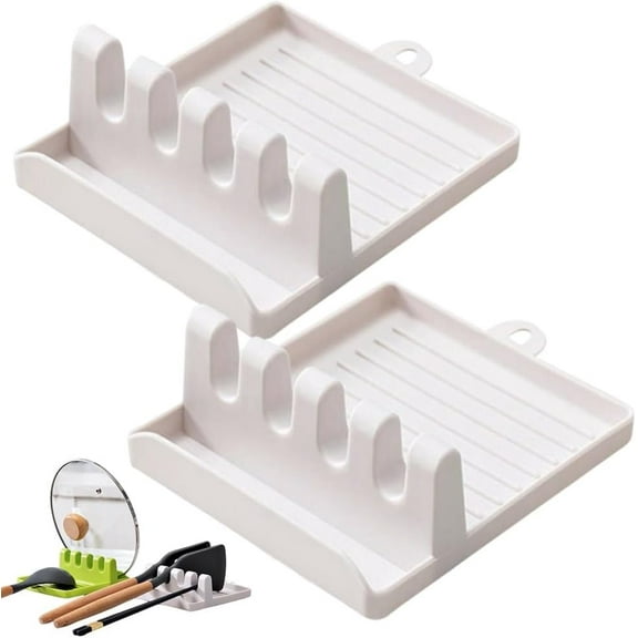 Kitchen Utensil Holder with Lid Holder - Spoon, Fork, Spatula Rack & Organizer with Non-Slip Base, Easy to Clean Plastic Countertop Storage for Chopsticks and Cooking Tools(XX-White-2pcs)