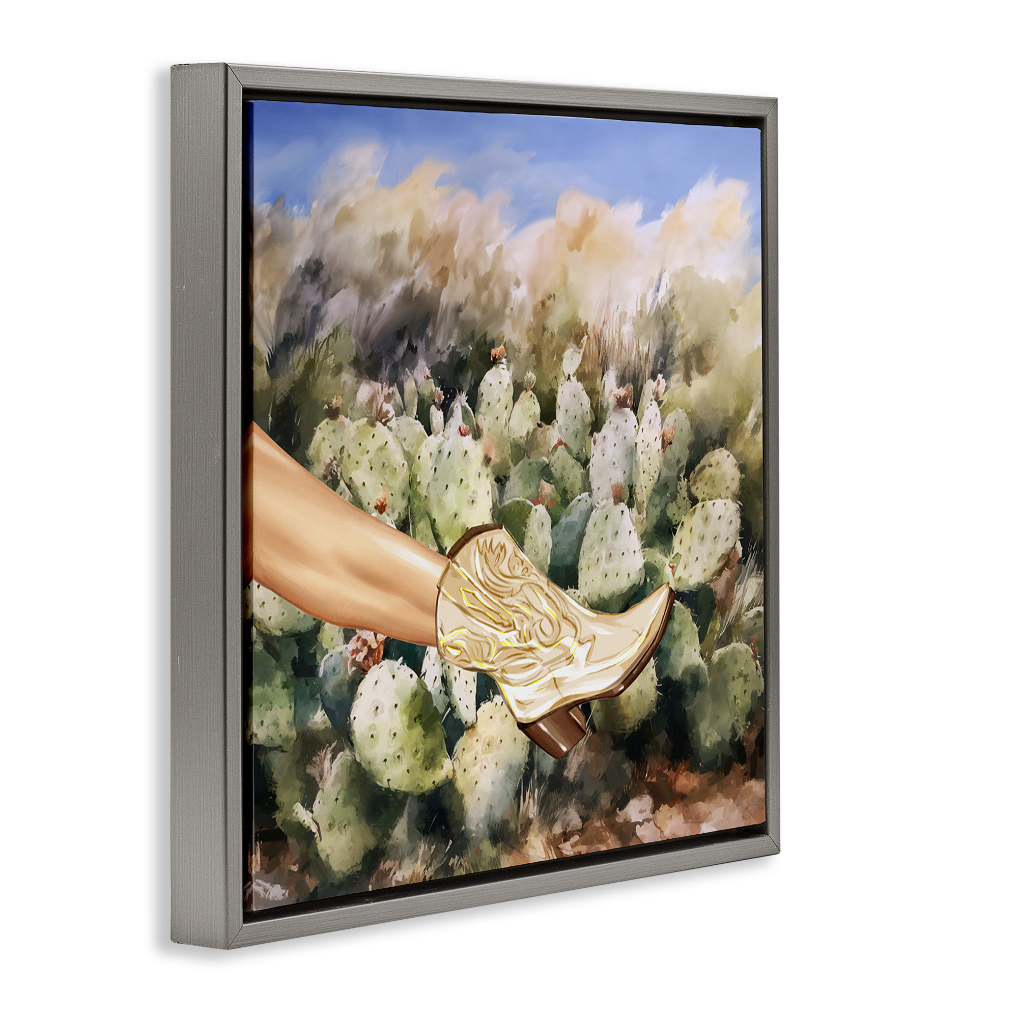 Stupell Industries Cowgirl Boot & Cactus Botanical & Floral Painting Gray Floater Framed Canvas Art Print Wall Art, 18 x 18