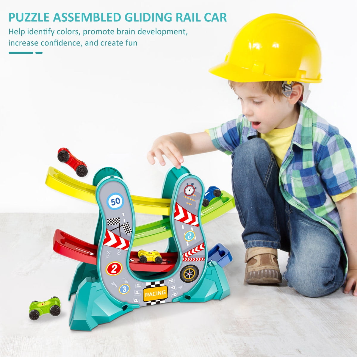 Hands Diy 4-Layers Race Track Toy With 4Pcs Cars U-Shaped Car Slide Track Toy Enhance Parent-Children Relationship Racing Track Toy For 1-3 Year Old Kids