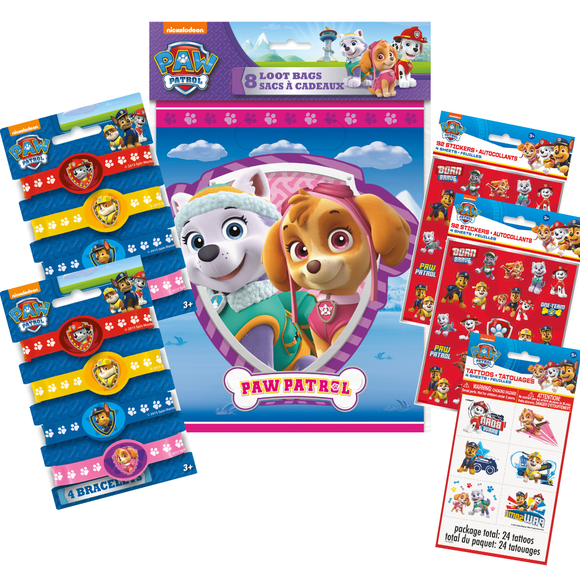 Paw Patrol Skye Party Supplies for Girls | 224-Piece Birthday Favor Set with 8 Loot Bags, 8 Bracelets, 184 Stickers & 24 Tattoos | Official Skye Decorations & Favors for Kids’ Parties