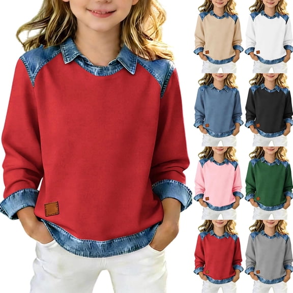 Bovxnpu Boys Long Sleeve Denim Shirts Undershirts Long Sleeve Collared Denim Panel Pullover Solid Casual Kids Tees