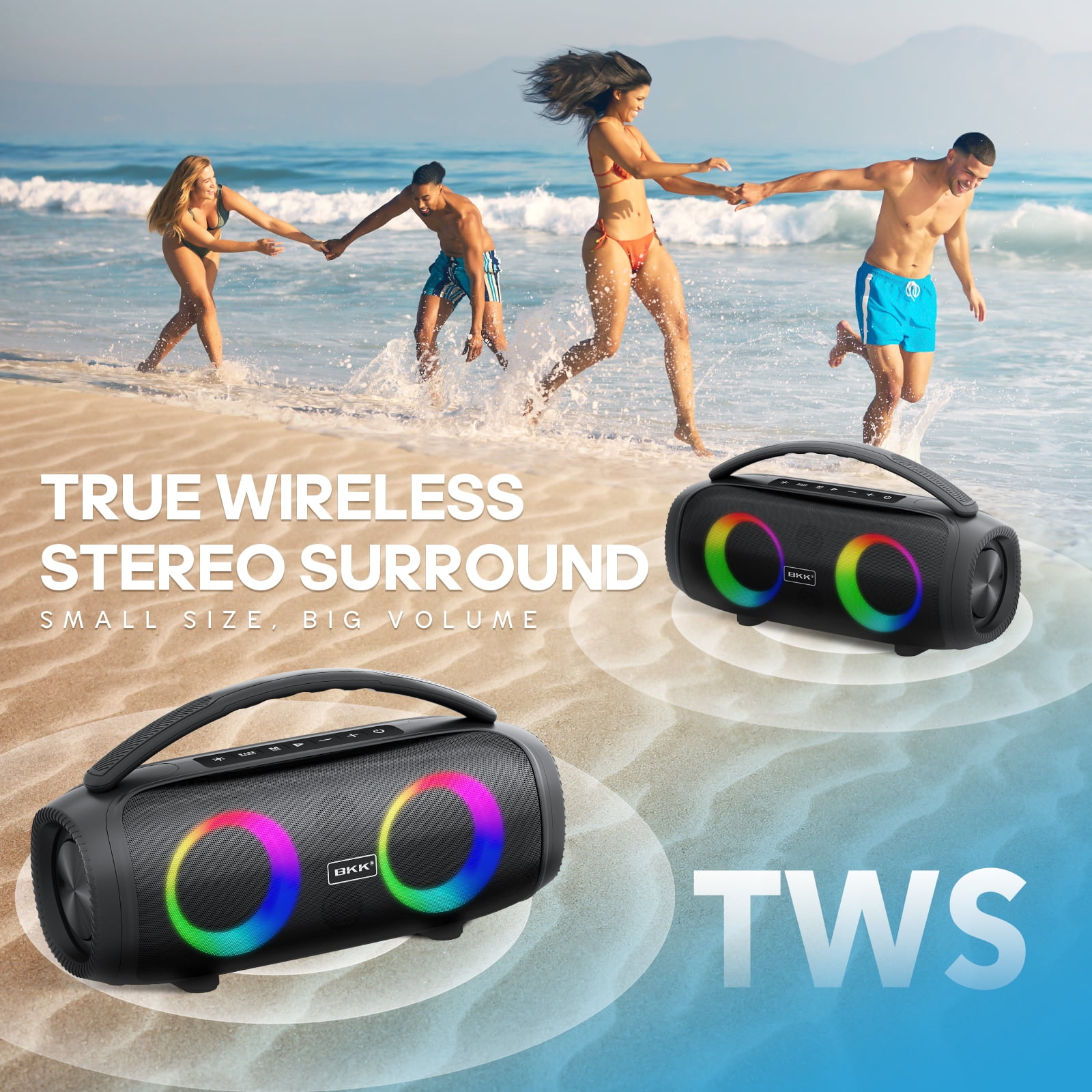 Vebreda Waterproof Bluetooth Speaker, 40W Stereo Portable Wireless Speaker with DJ Lights for Beach, Party, Black