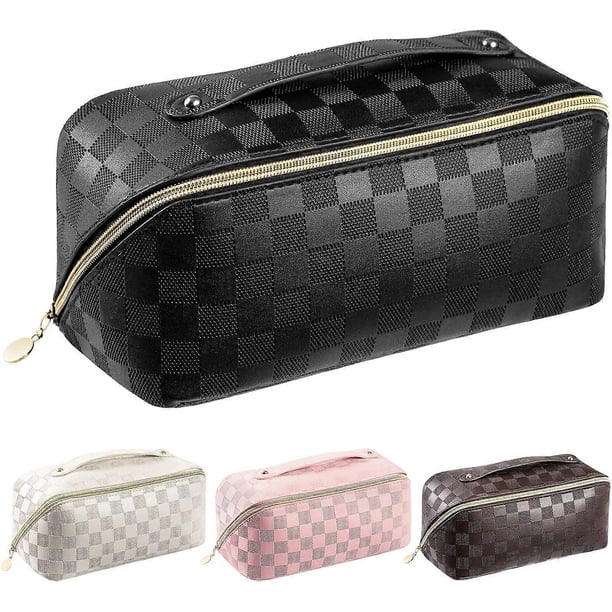 Makeup Bag - Large Capacity Travel Cosmetic Bag for Women, Washable Waterproof Beauty Zipper Makeup Organizer PU Leather,Black