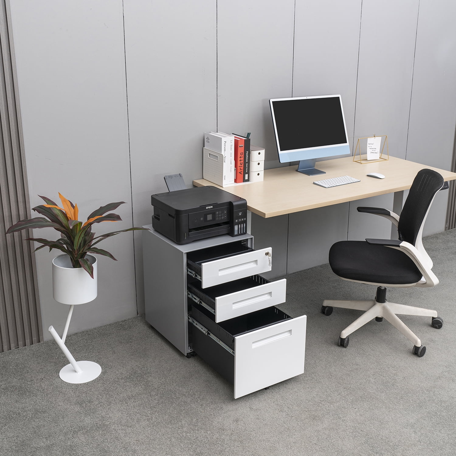 Kadyn Mobile File Cabinet, Printer Stand for Legal/Letter/A4/F4 Size, 3 Drawer Metal File Cabinet with Lock Steel, White+gray