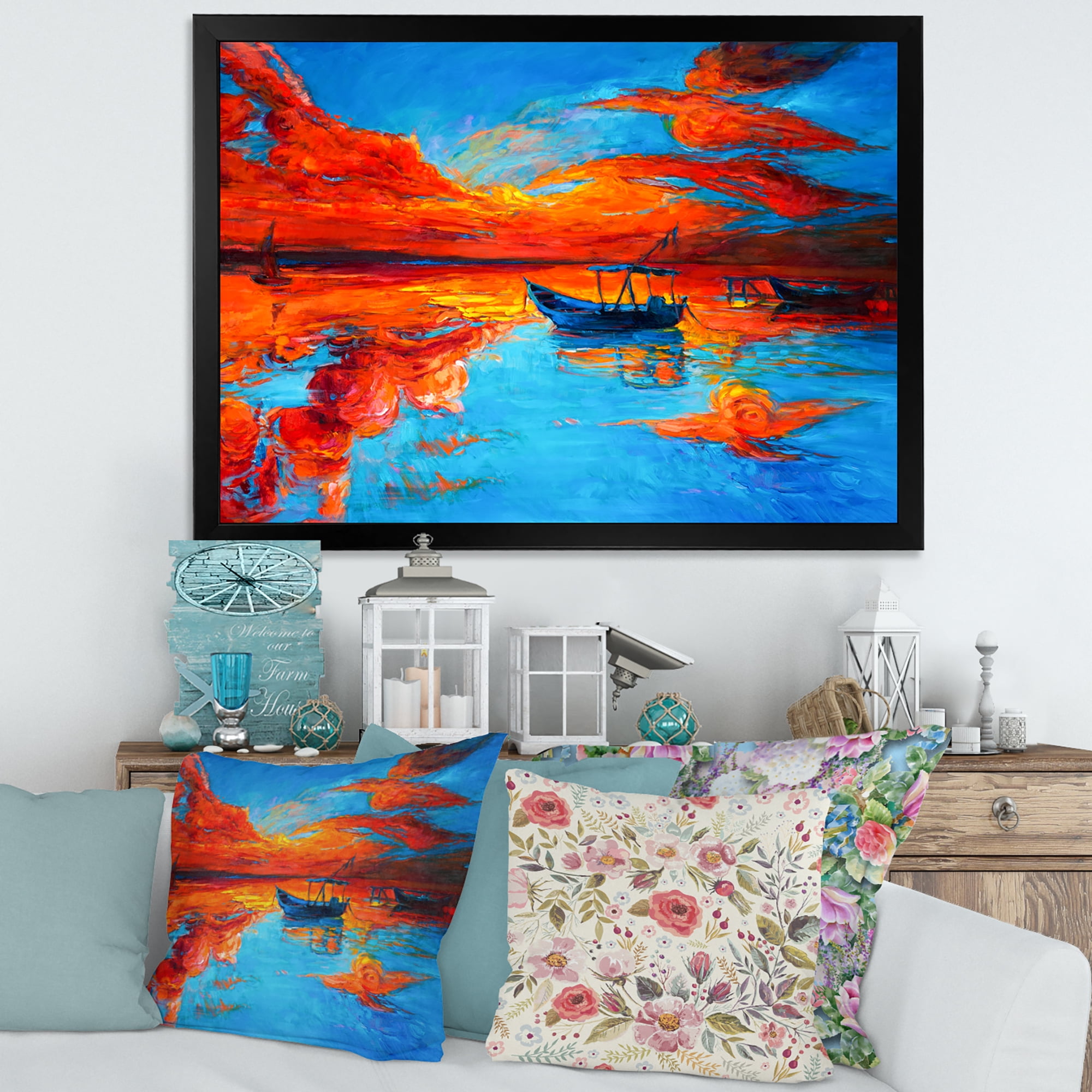 Boats During Warm Sunset Resting On The Water VI 32 in x 16 in Framed Painting Canvas Art Print, by Designart