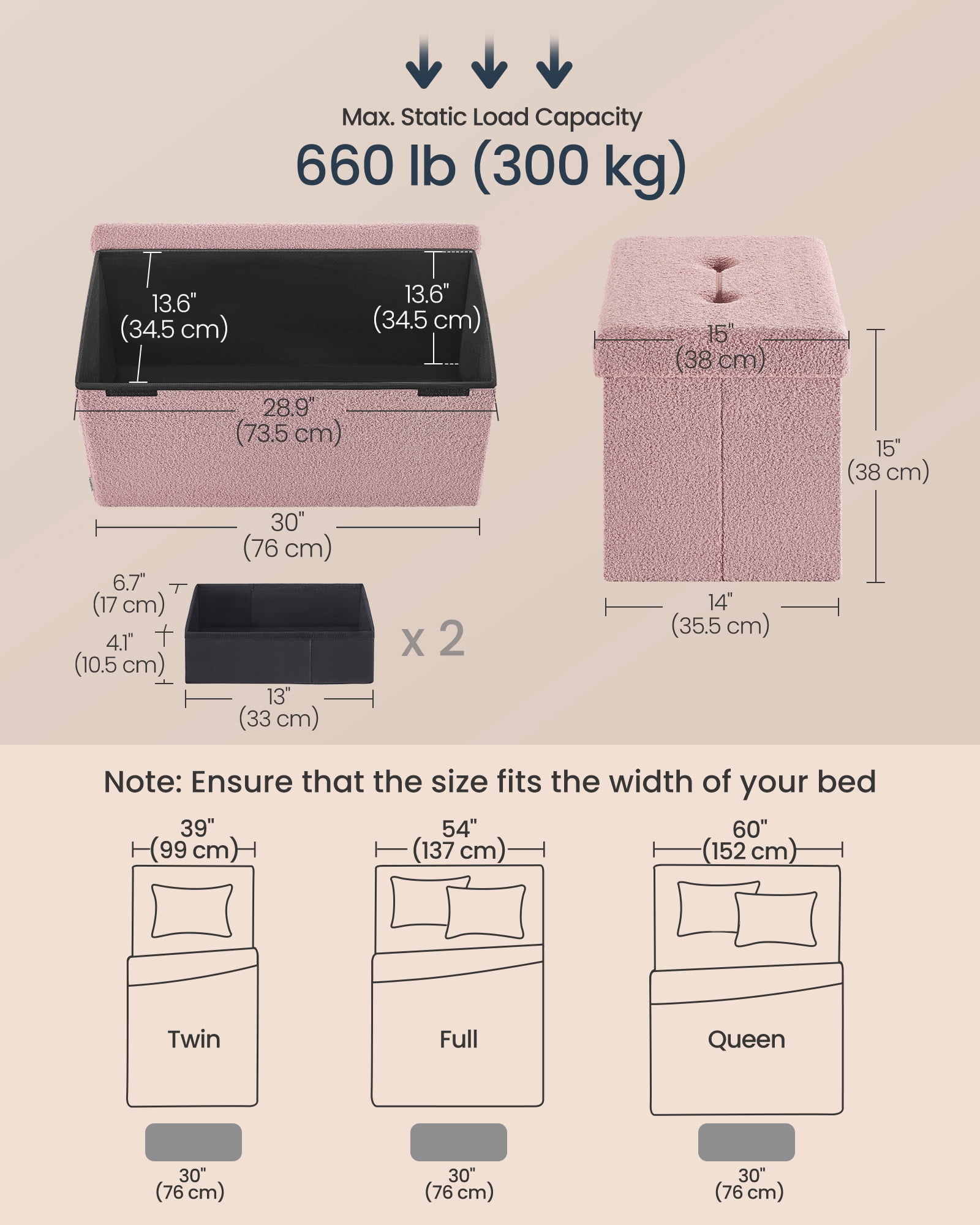 SONGMICS HOME 30" Storage Ottoman Bench Ottoman with Storage Load up to 660 lb for Living Room Bedroom Jelly Pink