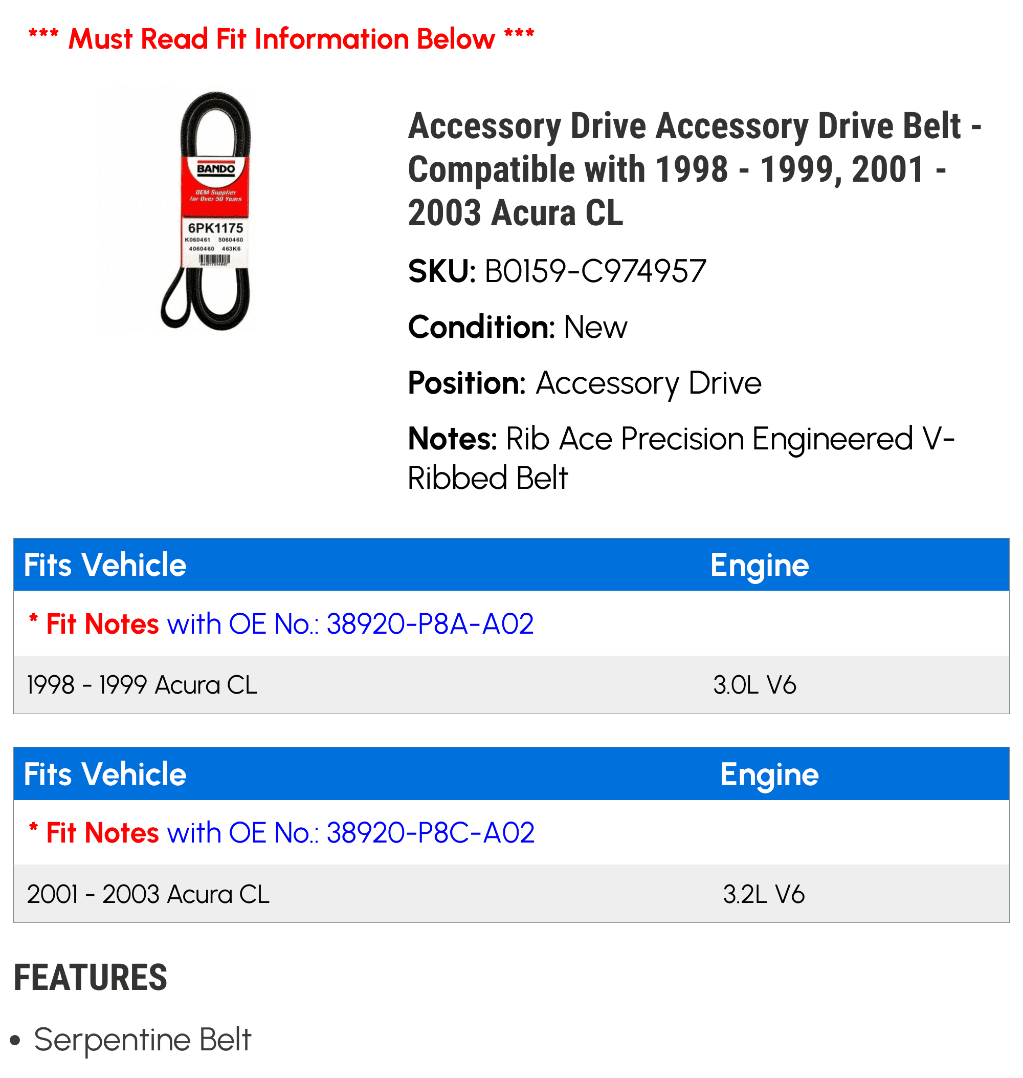 Accessory Drive Accessory Drive Belt - Compatible with 1998 - 1999, 2001 - 2003 Acura CL 2002