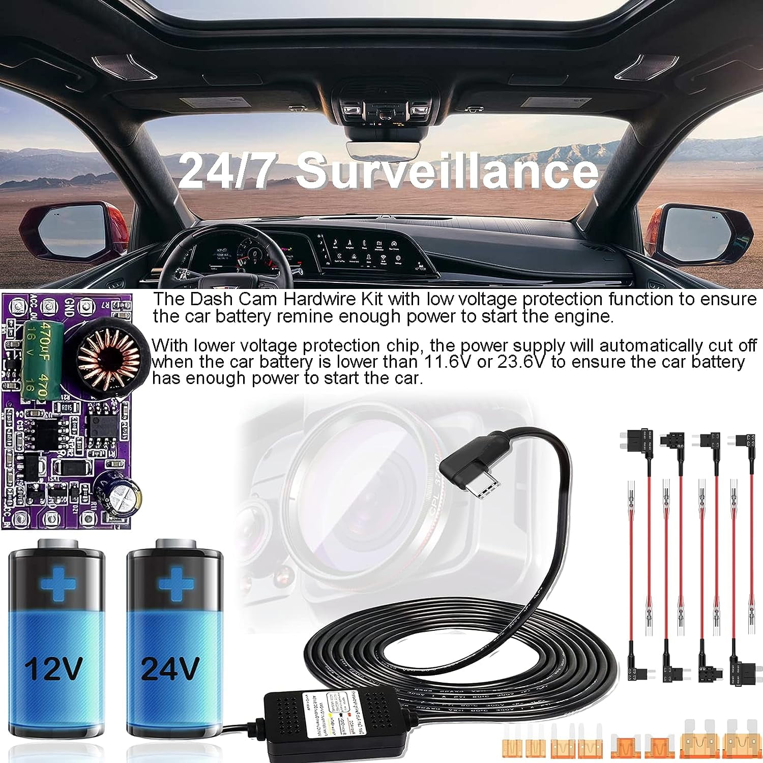 Dash Cam Hardwire Kit USB-C – 3-Draht Kabel Für 24h Parkmodus, 12-24V Zu 5V/1-3A, Mit Spannungsschutz, 3,5 M