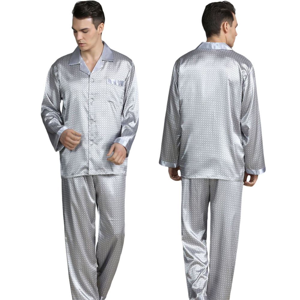 Silk Men Pajama Sets Solid Long Sleeve Satin Sleepwear Men Summer Suit Two-Piece Pyjamas Homewear Plus Size