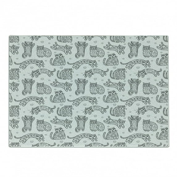 Cats Cutting Board, Ornamental Kittens with Floral Pattern Animal Love Sketch Art, Decorative Tempered Glass Cutting and Serving Board, Small Size, Black White, by Ambesonne
