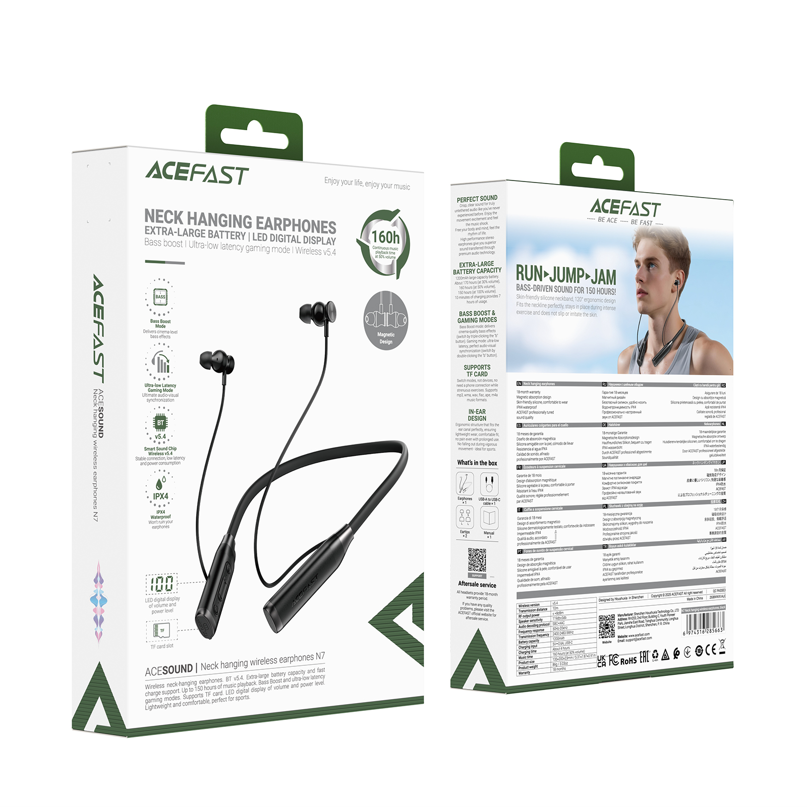 ACEFAST Neckband Bluetooth Earphones with LED Display,160H Ultra-Long Battery Life, Bluetooth 5.4 & TF Card Support for Game Sport Work