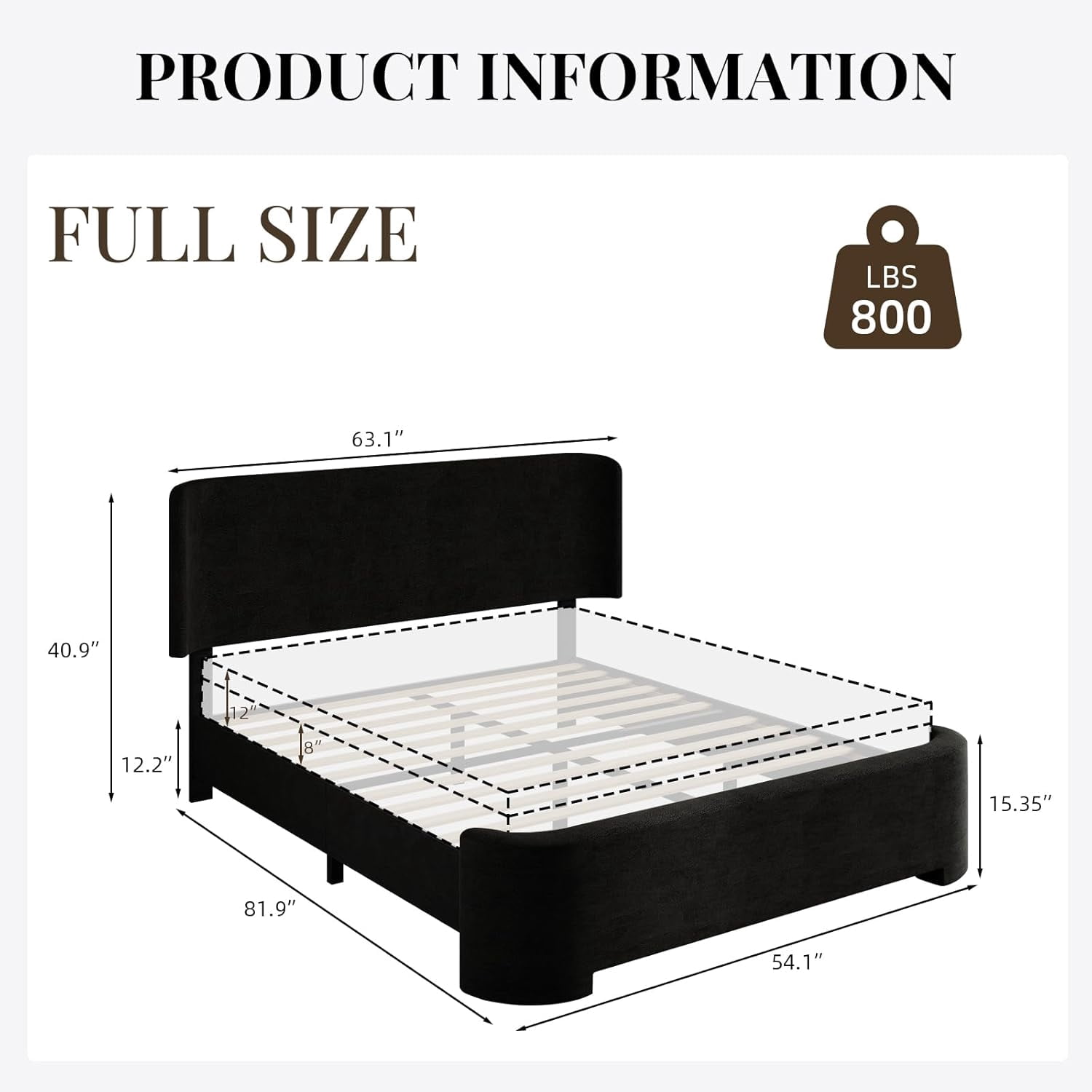 4 Ever Winner Full Size Velvet Bed Frame, Curved Upholstered Platform Bed with Curved Headboard & Footboard, No Box Spring Needed, Noise-Free Modern Bed Frame for Bedroom, Black