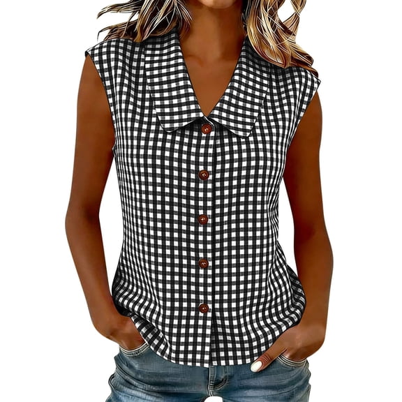 Womens Gingham Sleeveless Blouse Button Down Loose Fit Plaid Fashion Tank Top Trendy Collared Casual Summer Office Vacation Shirt, Black L