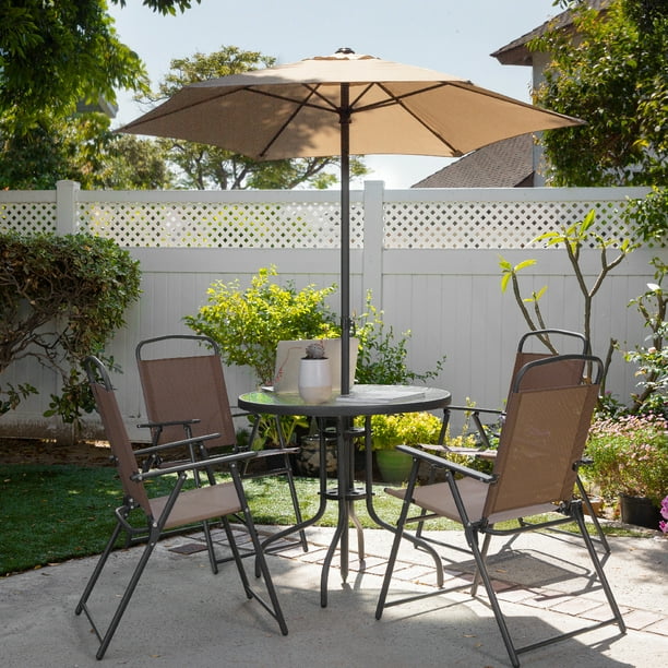 Barton 6 Piece Outdoor Patio Garden Dining Set With Table Umbrella And 4 Foldable Chairs Beige Brown Com - Long Patio Table With Umbrella