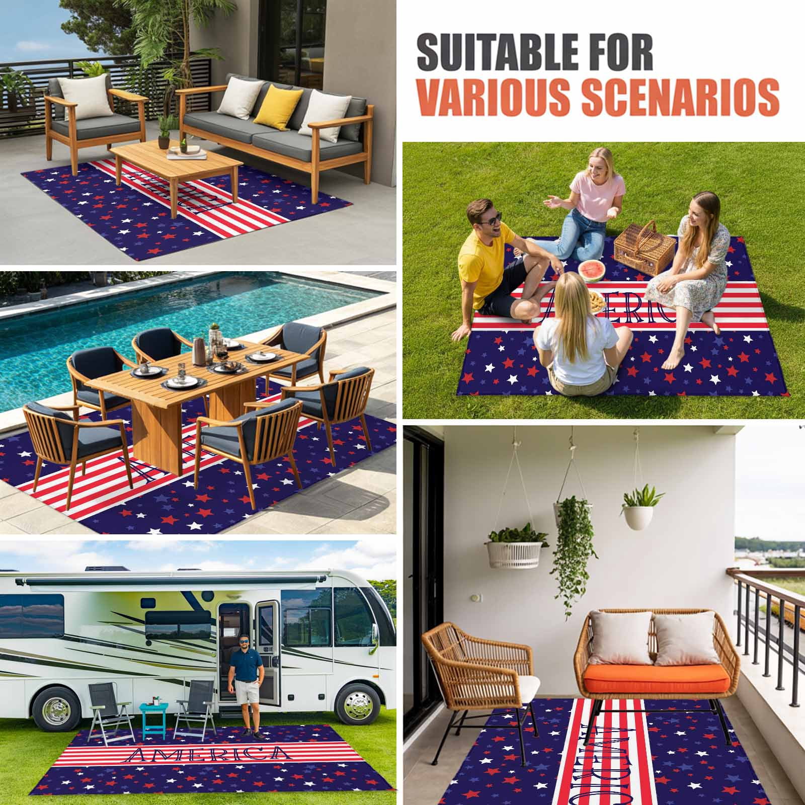 Independence Day Outdoor Rug for Patio/Deck/Porch, Non-Slip Large Area Rug 5 x 8 Ft, American Flag Red Blue Star Striped Indoor Outdoor Rugs Washable Area Rugs, Reversible Camping Rug Carpet Runner