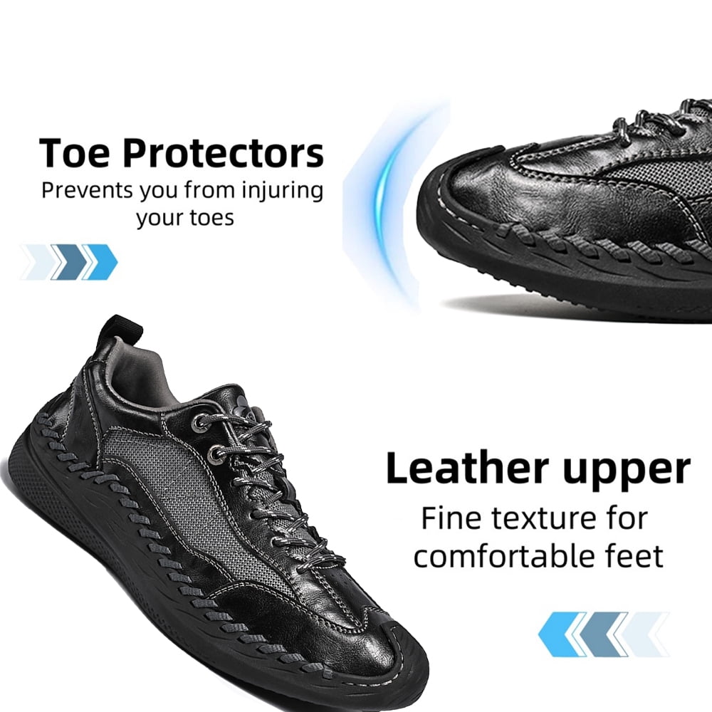 Mens Casual Leather Shoes Outdoor Hiking Work Shoes Breathable Lightweight Sneakers Comfortable Lace-up Driving Shoes Black 10 US