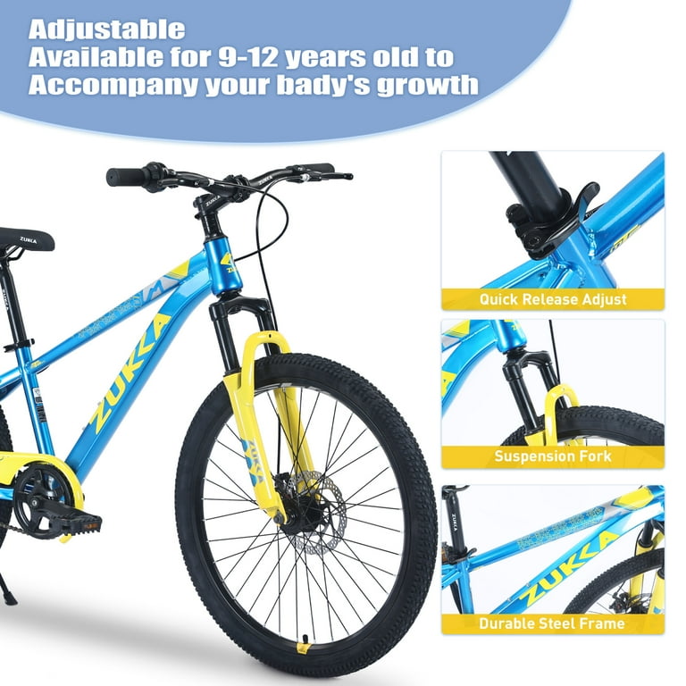 24 Kids Mountain Bike Single Speed Kids Bike with Double Disc Brake and Steel Frame Kids Bicycle for Boys Girls Recommended Ages 9 to 12 Years