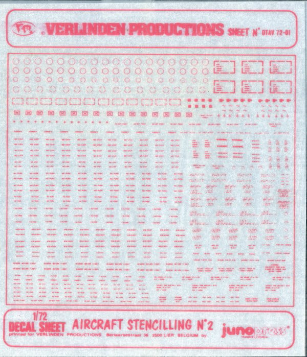 Verlinden 1/72 Sheet# DTAV-72-01 Aircraft Stencilling #2 white     F143 