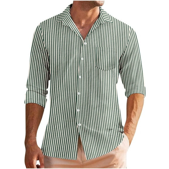 USNSM Men's Long Sleeve Shirt Casual Striped Printed Cotton Tops Turndown Collar Button up Long Sleeve Shirt with Pocket Green L