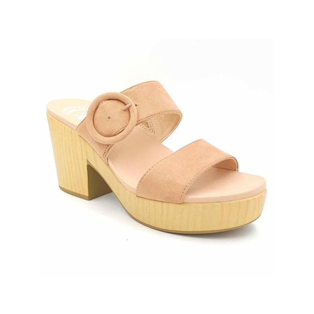 

LIFESTYLE Womens Beige Comfort 1-1/2 Platform Buckle Accent Goring Bayside Round Toe Block Heel Slip On Suede Heeled Sandal 10 M