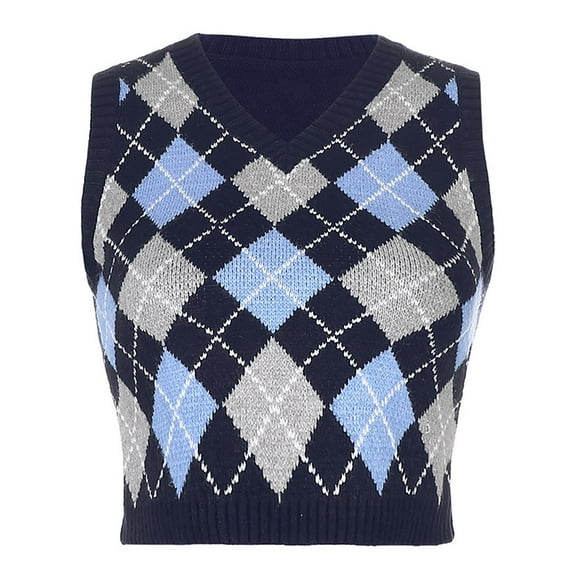 oqasdz Women Sweaters Wool Vest Plaid Contrast Knitted Sleeveless Top Short Sweater Vest Fall Outdoor Fashion Casual Loose Fit