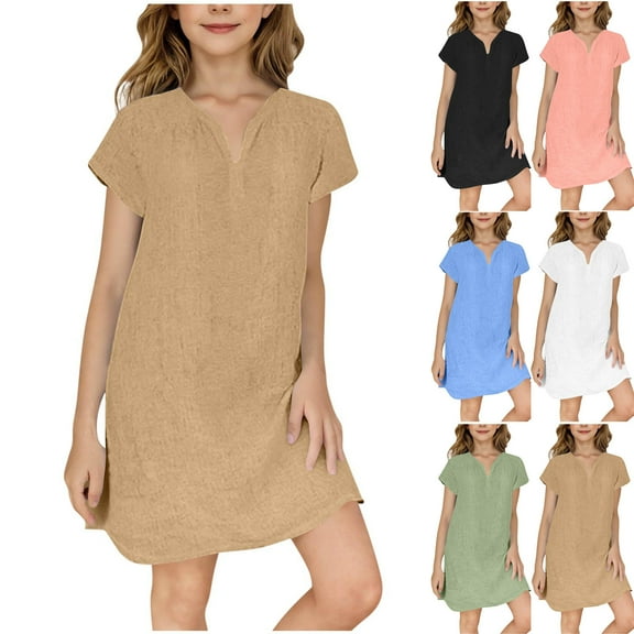 MKOSPLRT Linen Dresses for Kids Girls 5-13 Years Short Sleeve V Neck Shirt Dresses Solid Casual Midi Dresses Lightweight Sundersses