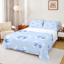 Feelyou Girl Cartoon Bow-tie Queen Sheet Sets, Blue Butterfly Knot Bed Set, 4pcs