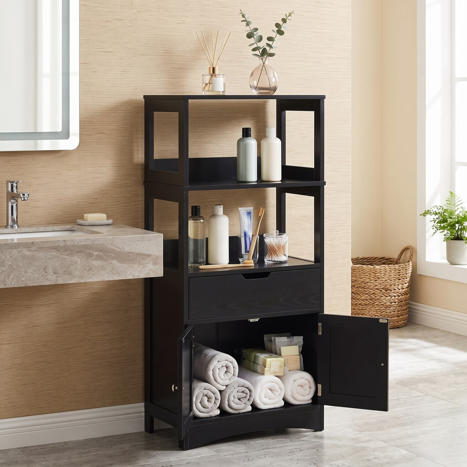 ALPULON Bathroom Storage Cabinet with Drawer and Shelf, Freestanding Floor Cabinet, Waterproof MDF Organizer for Bathroom Bedroom Entryway Living Room, Anti-Tip, Black