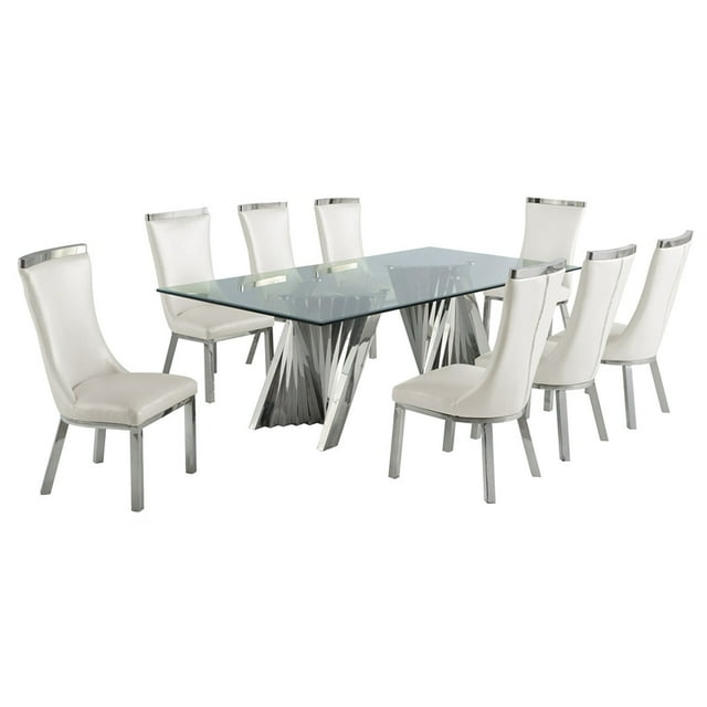 Clear Glass 9pc Dining Set with Silver Stainless Steel and 8 Chairs
