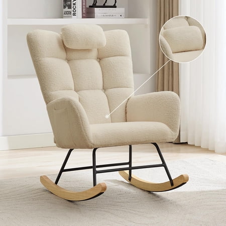 BouPower Rocking Chair Upholstered, High Backrest Glider Chair with Padded Seat, Comfort Armchair Reading Chair for Living Room Bedroom Office, White