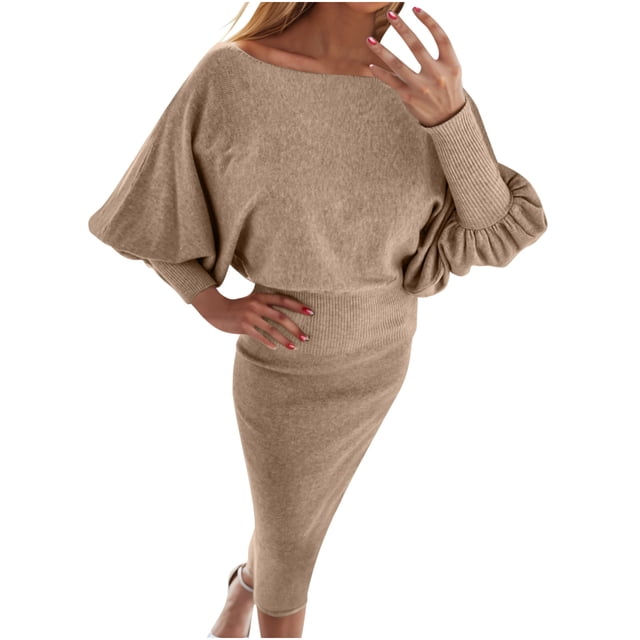 cfhntfmh Robes de Mode pour Femmes Robe Chandail à Manches Longues Bouffantes Col Rond Doux Automne Confortable Robe Midi Moulante