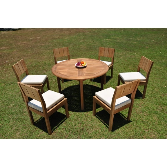Grade-A Teak Dining Set: 6 Seater 7 Pc: 48" Round Table And 6 Veranda Armless Chairs Outdoor Patio WholesaleTeak #WMVR52