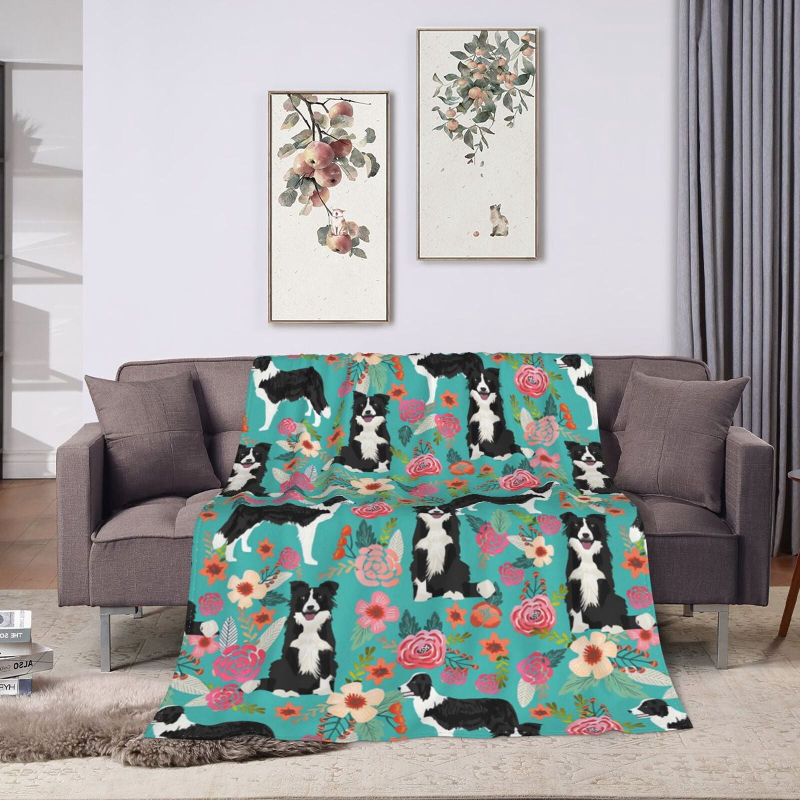 Wijzvio Border Collie Dogs Flower Floral Throw Blanket Soft Fuzzy Fleece Blanket For Couch Bed Living Room Decoration 60"X50"